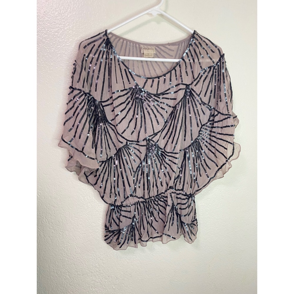 Boyod Sequin Art Deco Fan Peplum Top Taupe Gray Butterfly Sleeve Size Small